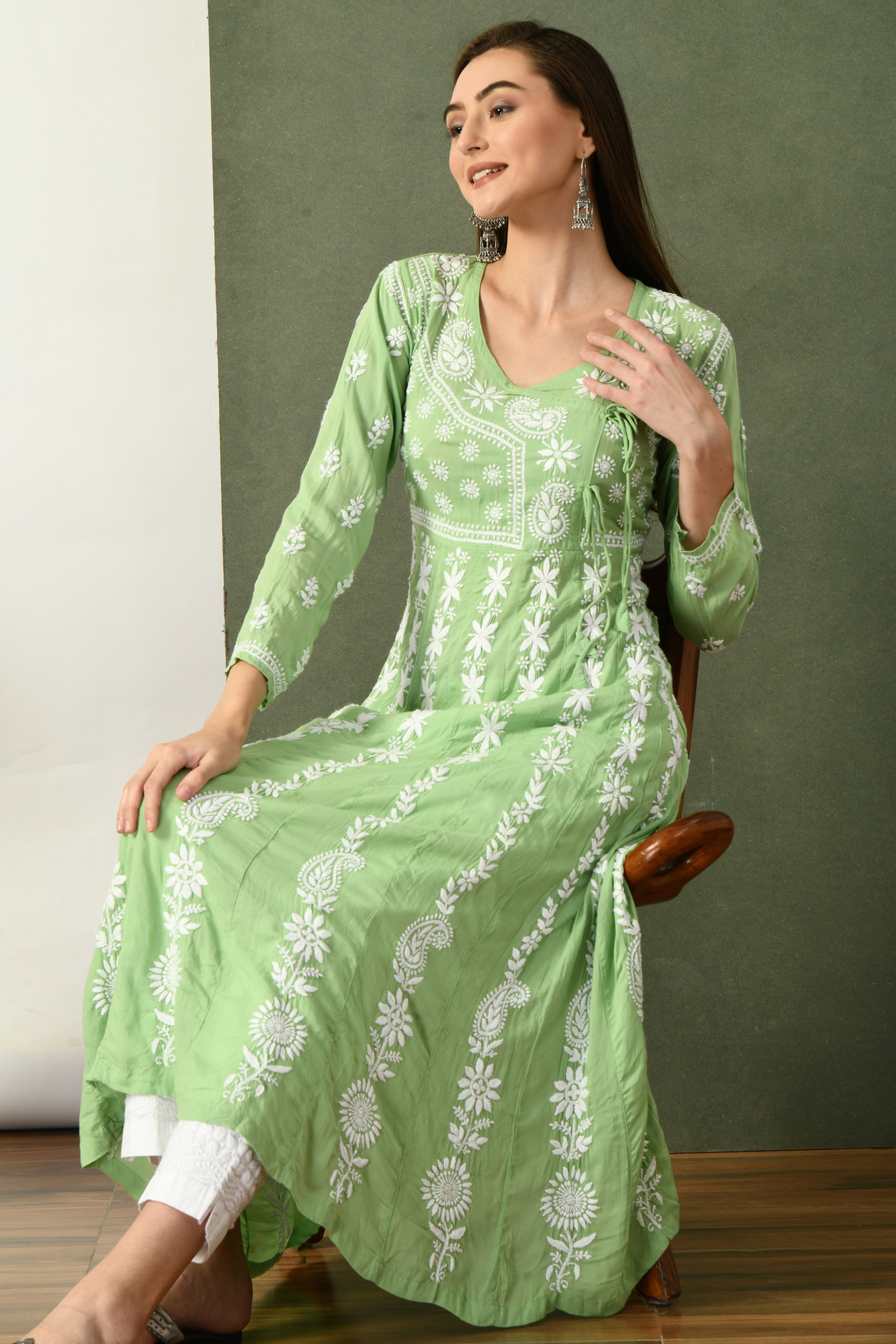 Lisa Modal Cotton Chikankari Angrakha - Green