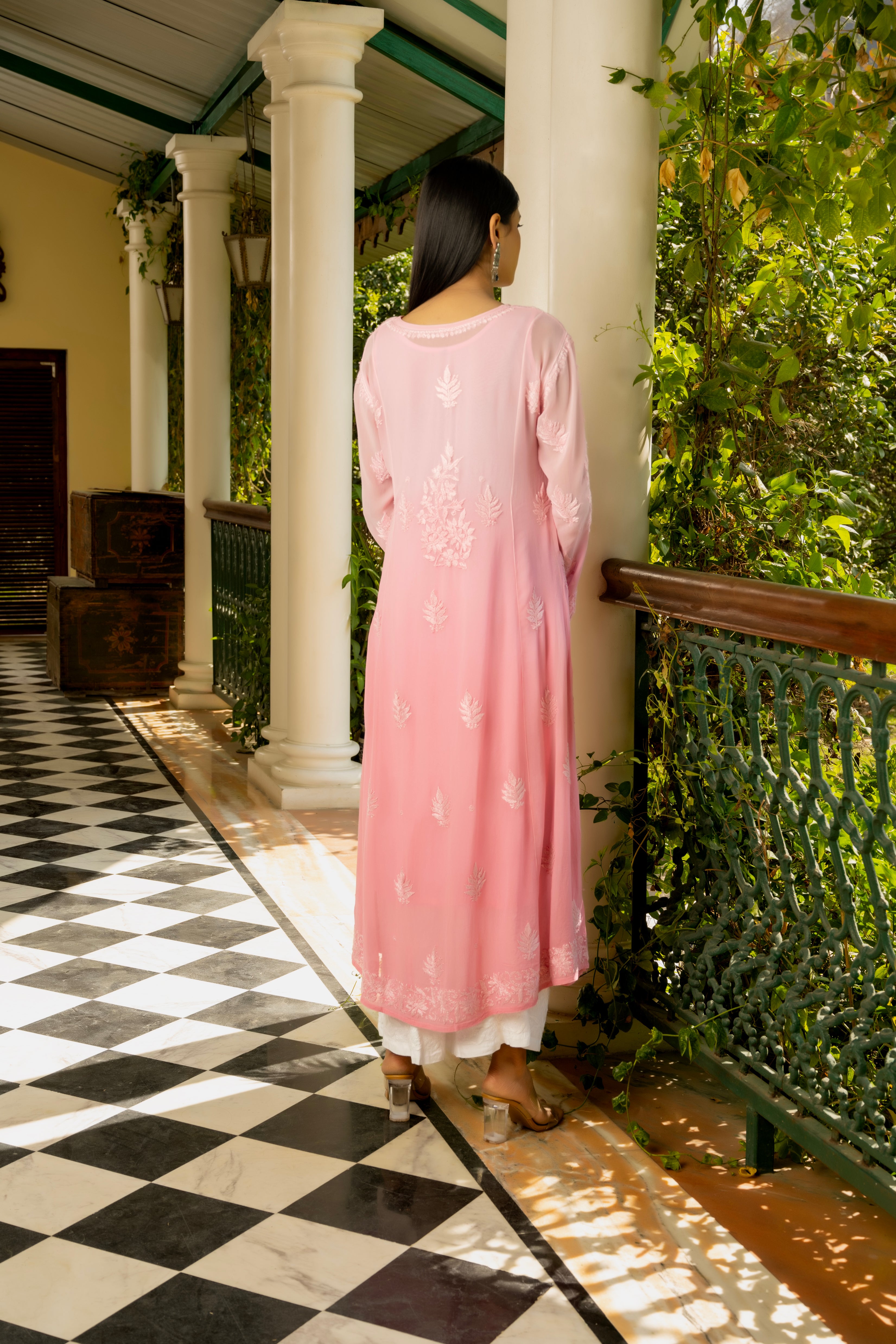 Arzu Viscose A-Line Chikankari Kurti - Pink Ombré