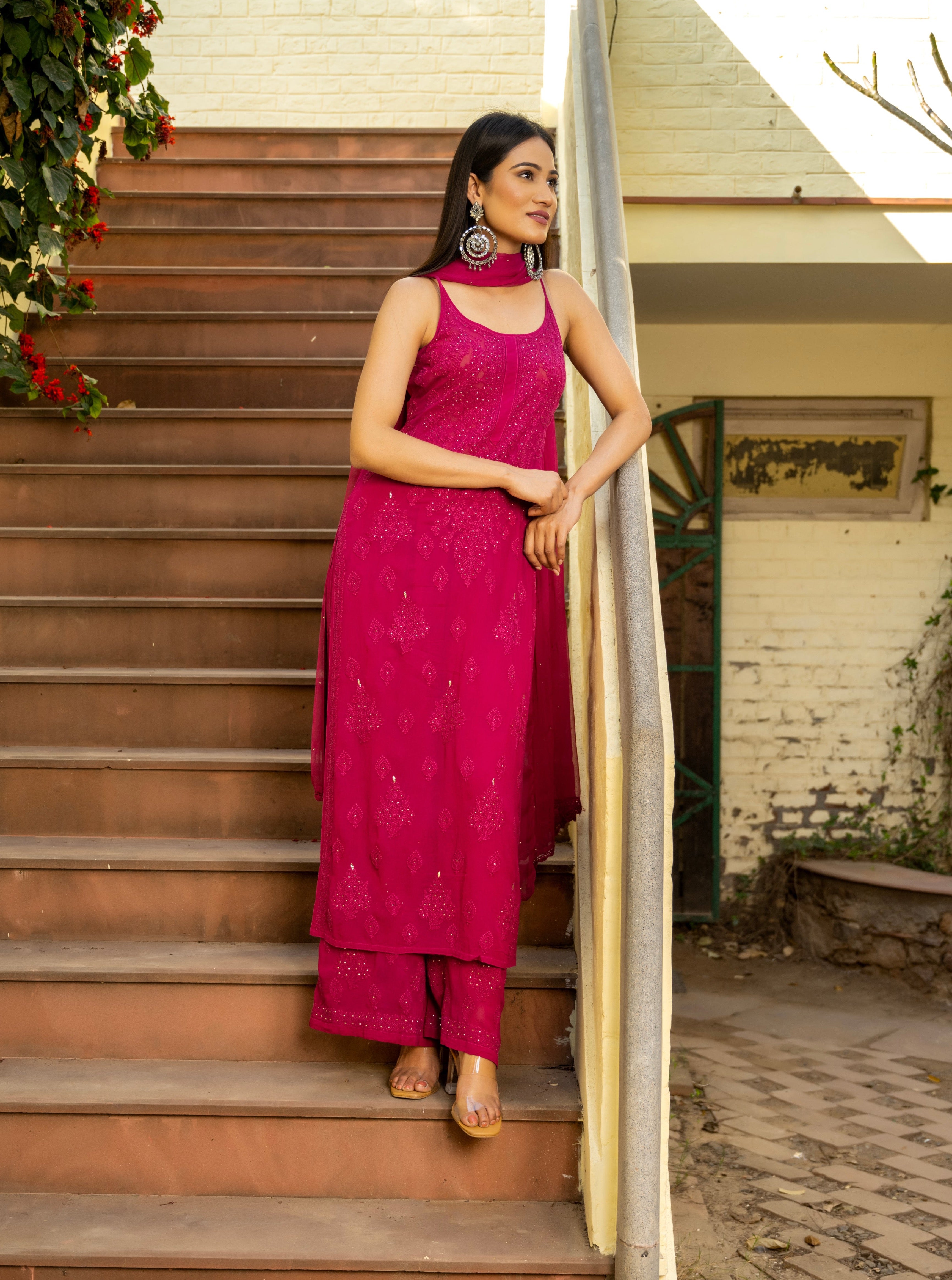 Rani Pink Pure Silk Thread Work Kurti, Pant, and Dupatta Set | Shreeji  Clothing