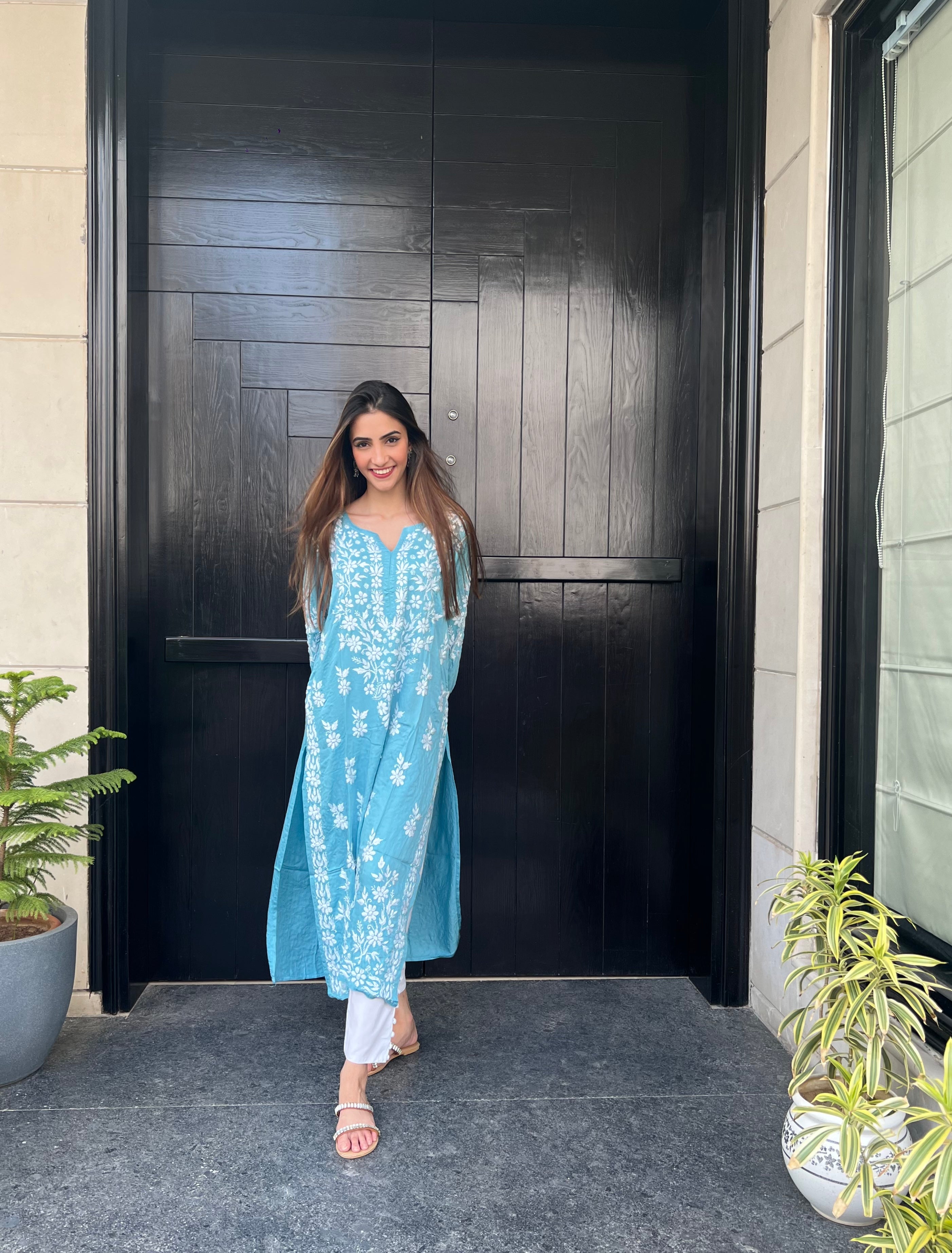 Maira Modal Cotton Chikankari Kurti - Aqua Blue