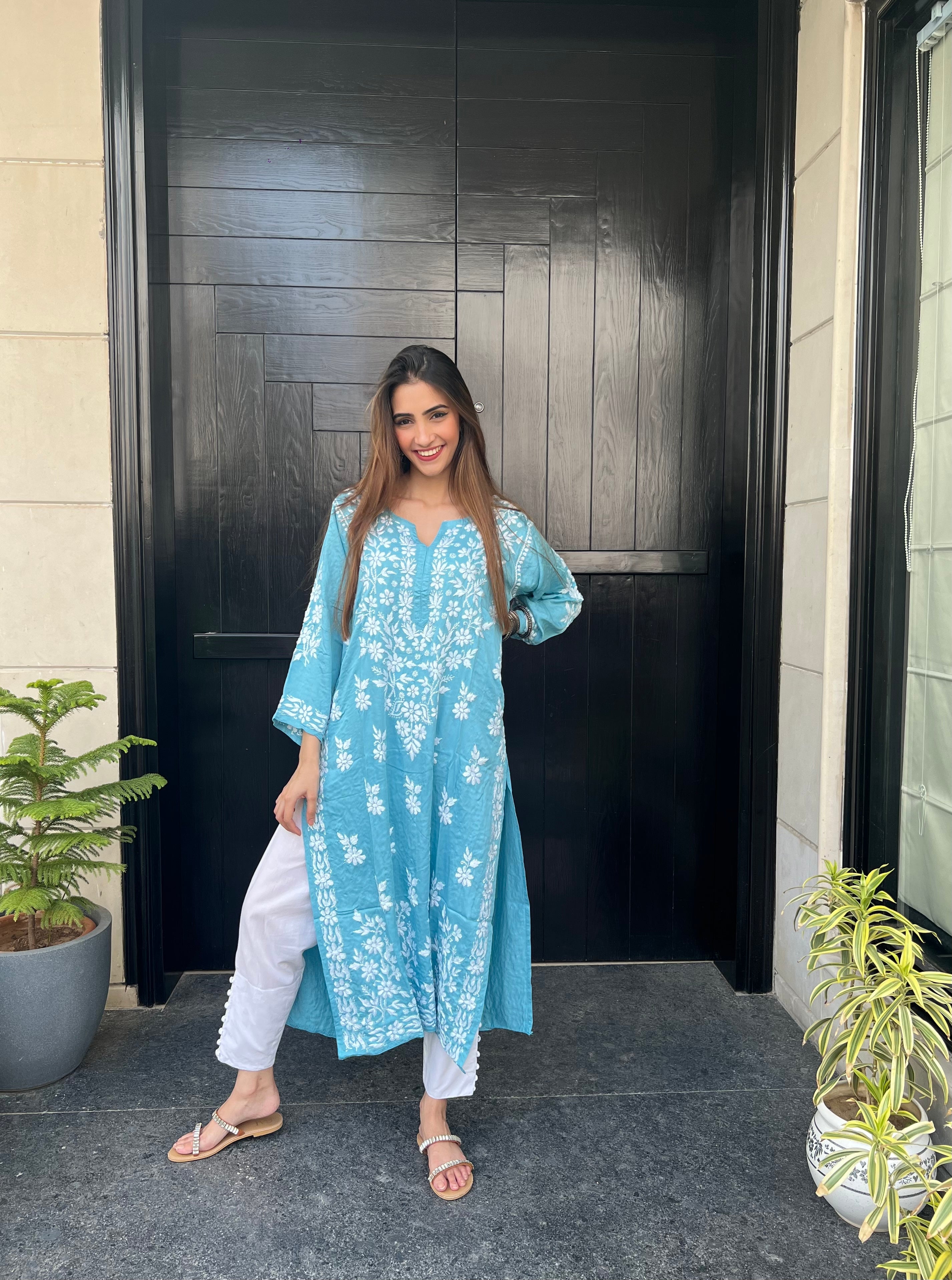 Maira Modal Cotton Chikankari Kurti - Aqua Blue