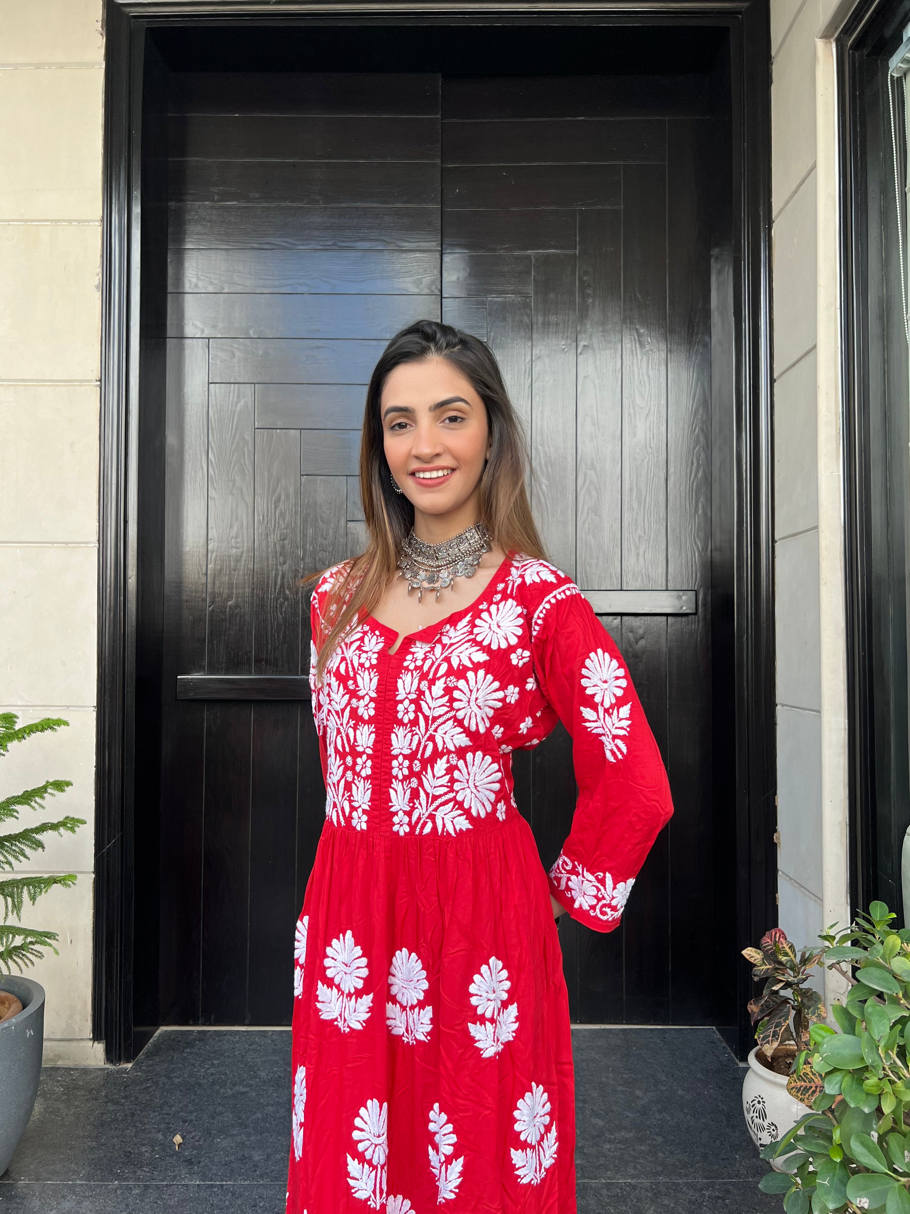Zahra Modal Cotton Anarkali - Red