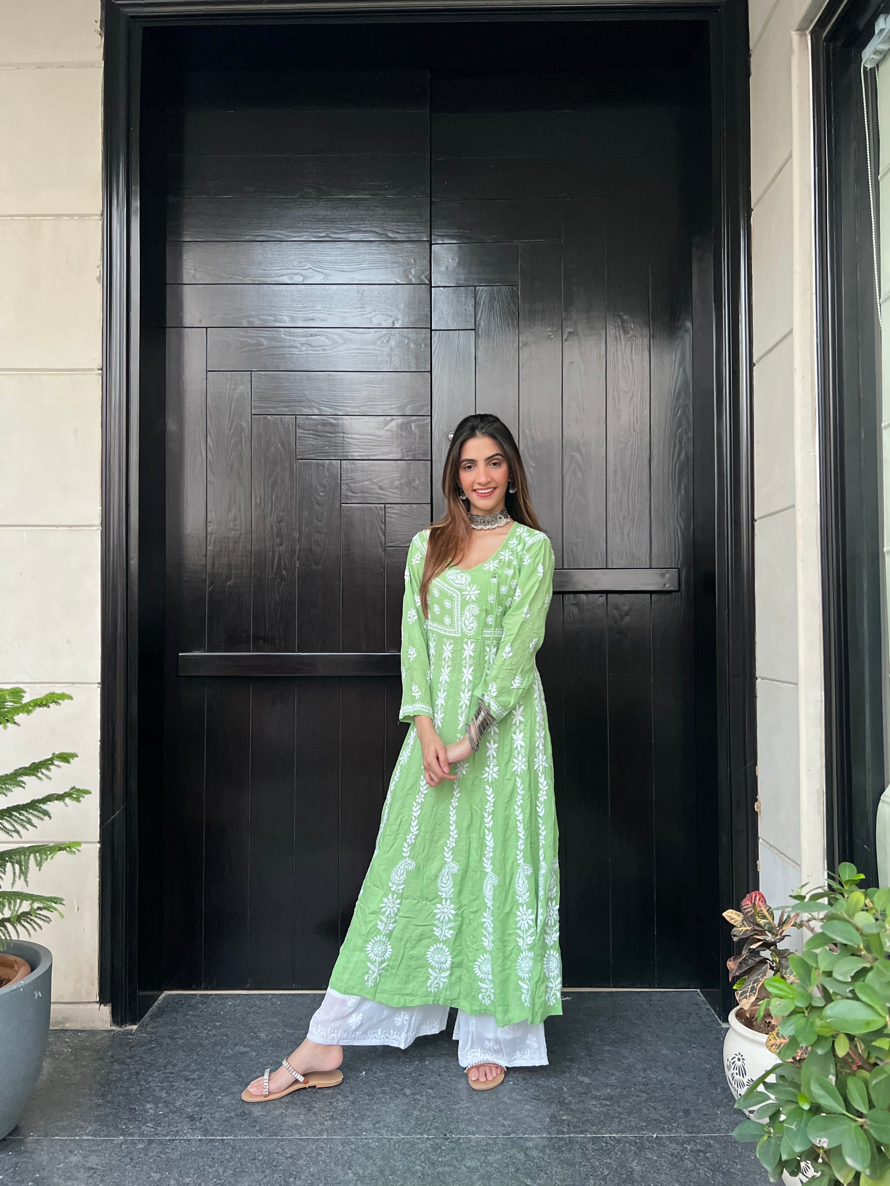 Lisa Modal Cotton Chikankari Angrakha - Green